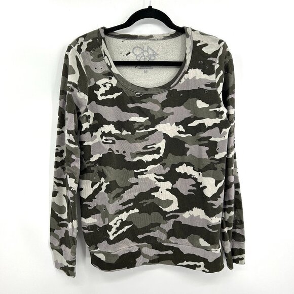 CHASER *Flawed* Gray Green Camo Distressed Destroyed Crewneck Sweatshirt Medium - Picture 1 of 7